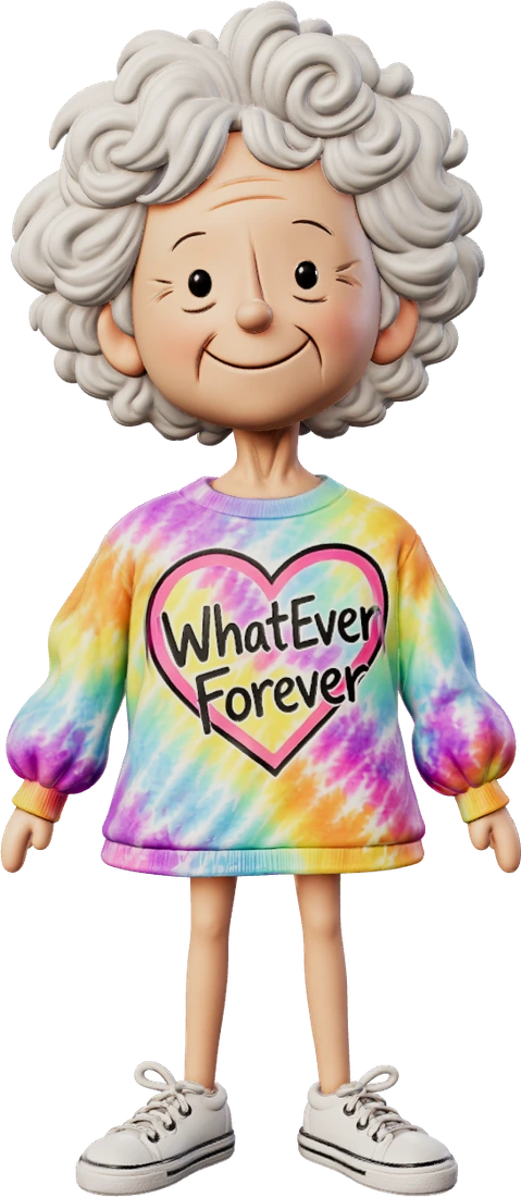 Ooma, the grandmother this site is built in memory of, in a tie-dyed sweatshirt and sneakers.